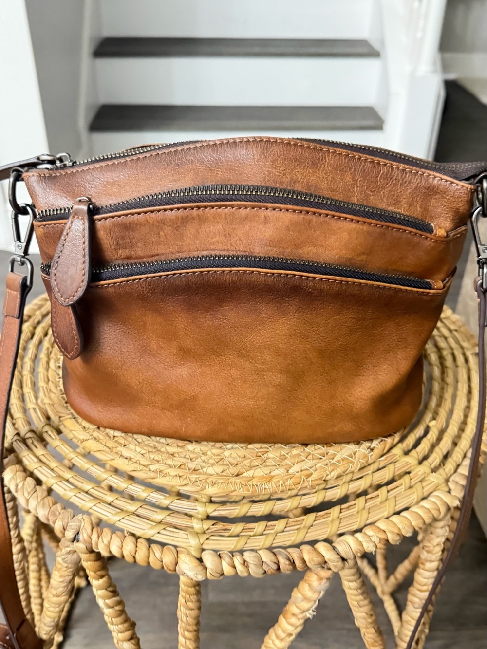 HESHE Genuine Leather Cognac Brown Multi Pocket Crossbody Bag